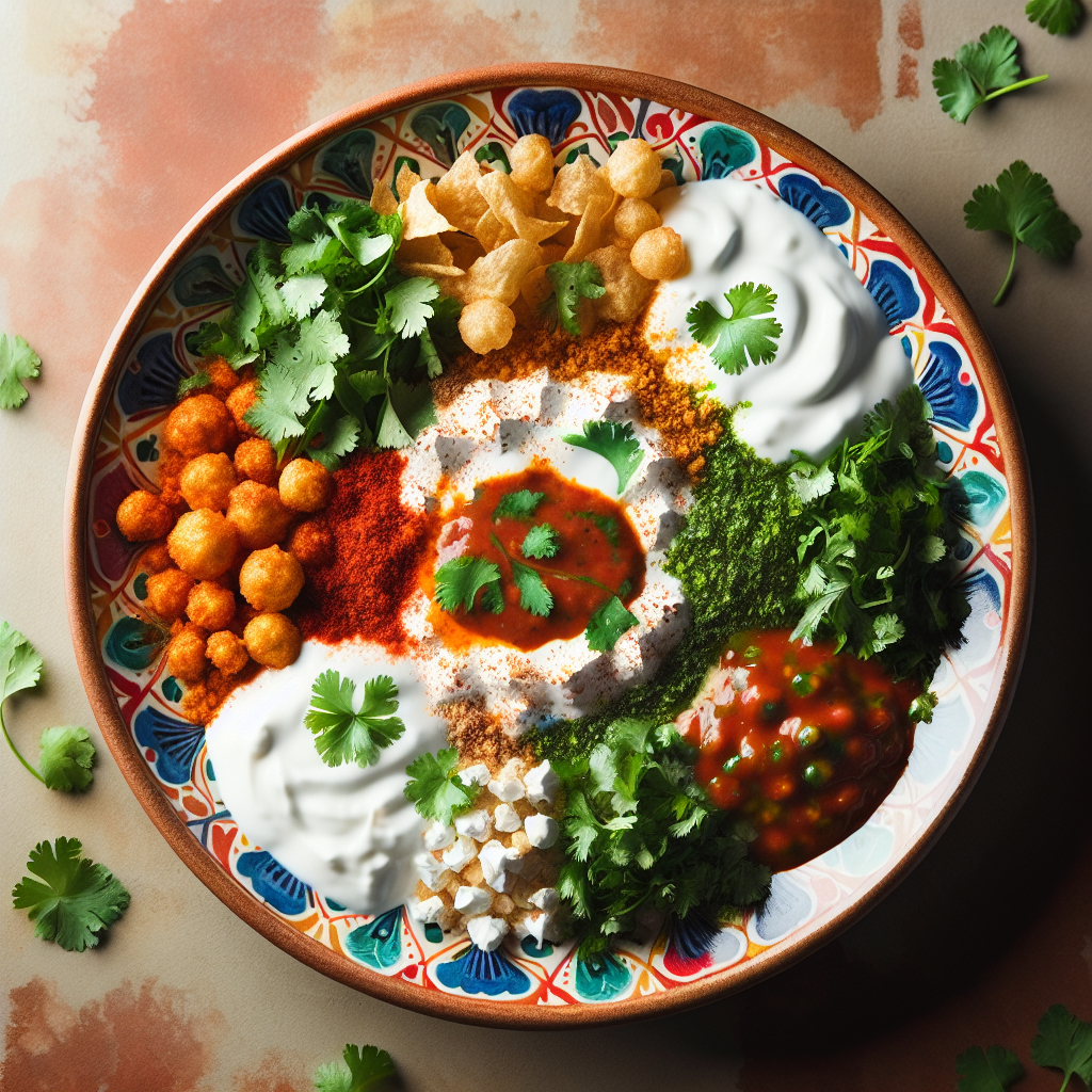 Colorful Chaat topped with yogurt and chutneys